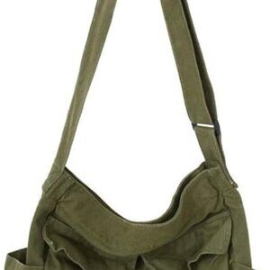 Women Men Crossbody Shoulder Bag Large Tote Bag with Multiple Pockets Canvas Mes